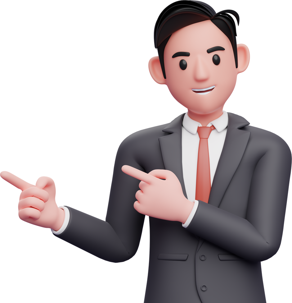 man in formal dress pointing side with both index fingers, 3d illustration of a smart businessman pointing